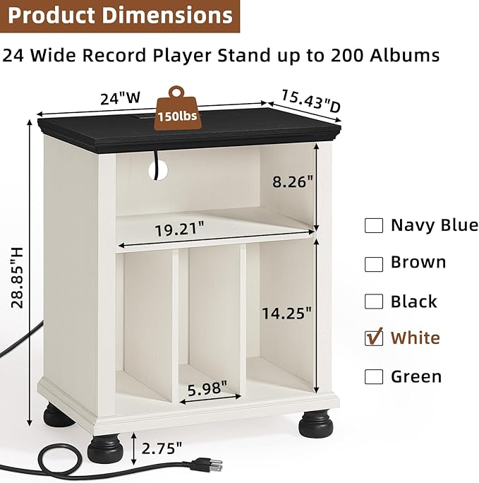 Joaxswe Record Player Stand with Charging Station Up to 200 Albums, 24" Wide Mid-Century Record Player Table with Vinyl Record Storage,Large Wood Turntable Stand Dispaly Cabinet for Living Room,White