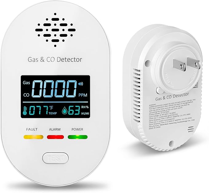 Carbon Monoxide Detectors, Plug in Natural Gas Leak Detector, 4-in-1 Carbon Monoxide Alarm with CO Gas Temp Humidity Sensor, Clear LCD Display Sound & Light Warning for Home, RV, Apartment, Hotel