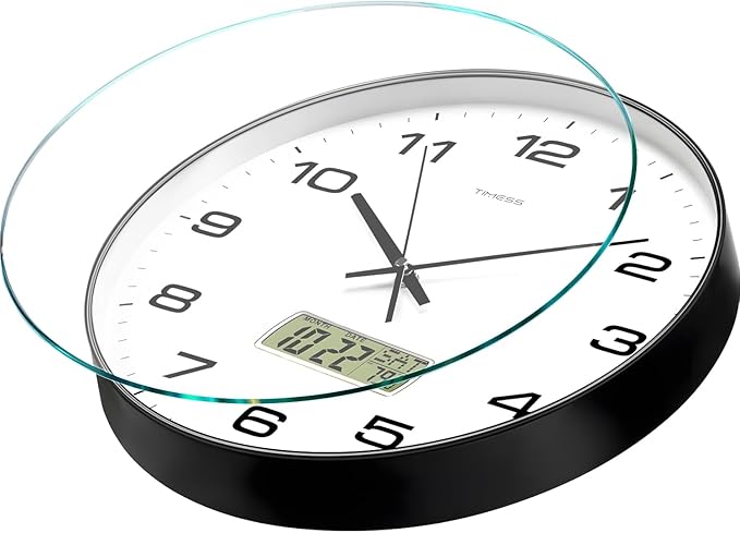 TIMESS Wall Clock, 13" Dial Non-Ticking Silent Battery Operated Analog with LCD Display for Perpetual Calendar and F° Temperature, Ideal Modern Home, Bedroom, Kitchen, Office Decor(Black)