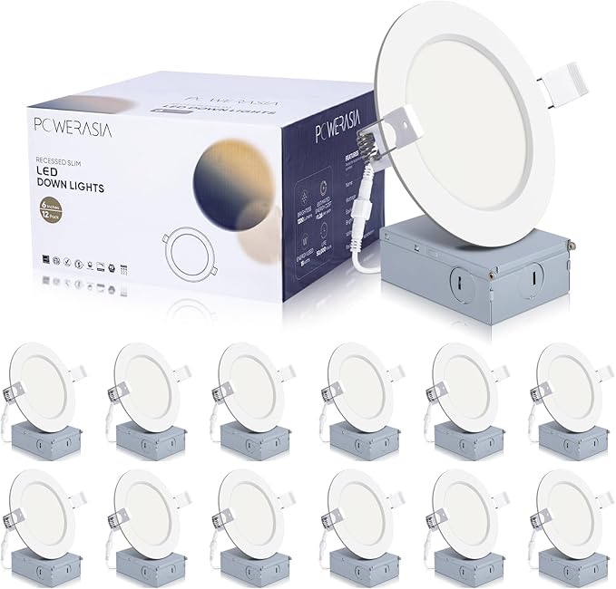 POWERASIA 12 Pack 4 Inch Ultra-Thin LED Recessed Ceiling Light with Junction Box, Recessed Lighting 4 Inch 5000K Dimmable Daylight, 9W 110W Eqv, 850LM High Brightness - ETL and Energy Star Certified