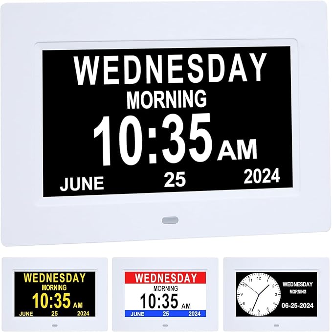 ybest 7 Inch Extra Large Day Date Time Digital Day Calendar Clocks with Auto-Dimming 12 Alarm Reminders Dementia Clock for Senior Elderly impaired Vision Memory Loss