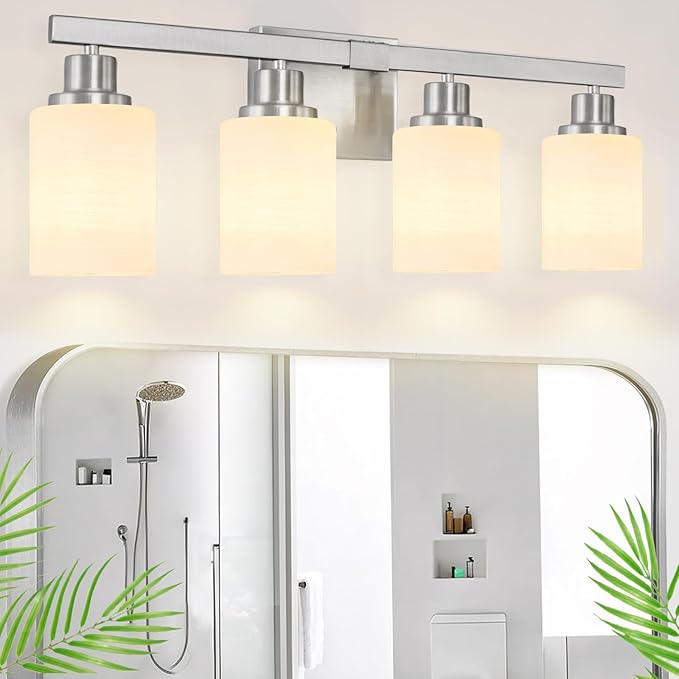 DIKAIDA Bathroom Vanity Light, 4-Light Nickel Modern Bathroom Light Fixtures with Milky White Glass Shade, Wall Lights,Bath Vintage Wall Mounted Lamps for Mirror Bedroom Living Room Hallway Cabinet