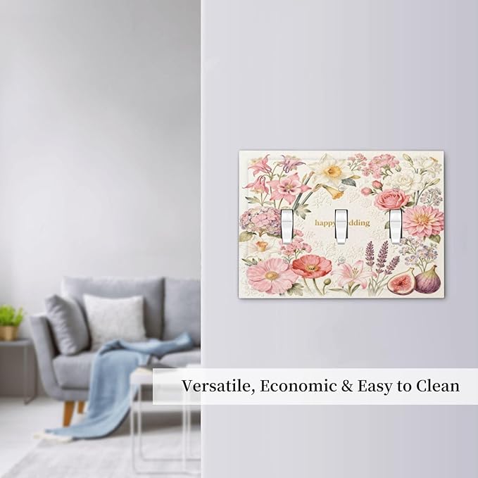 Bvtewkhz Floral Plant Watercolor Flowers 3 Gang Triple Toggle Decorative Outlet Covers Light Switch Plate Electrical Receptacle Switchplate For Bathroom Kitchen Bedroom