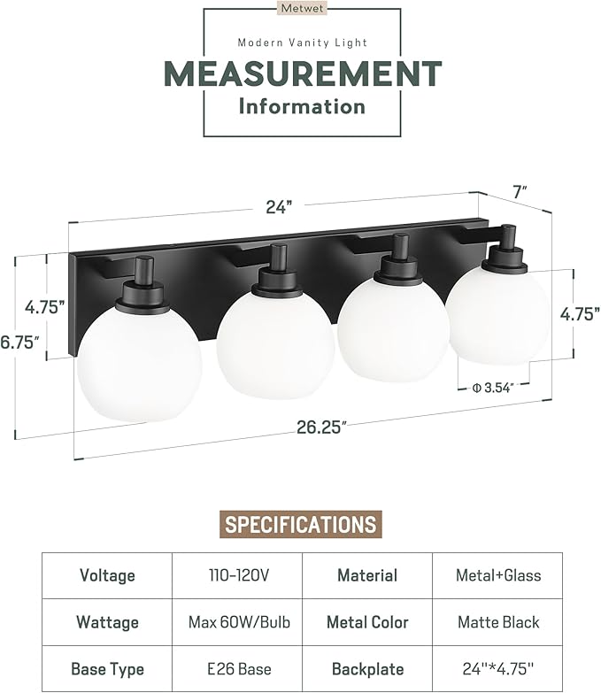 METWET Bathroom Light Fixtures, 4 Light Matte Black Vanity Light, 26 Inch Modern Wall Sconces with Globe Milk White Glass Shade, Vanity Lighting Fixtures Over Mirror, VL195-MB-ML-4