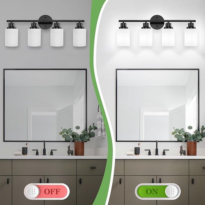 Guliaofo 4-Light Bathroom Light Fixtures, Black Vanity Lights for Mirror with Textured Milky White Glass Shade, Modern Kitchen Light Fixtures Wall Sconce Light - E26 Base