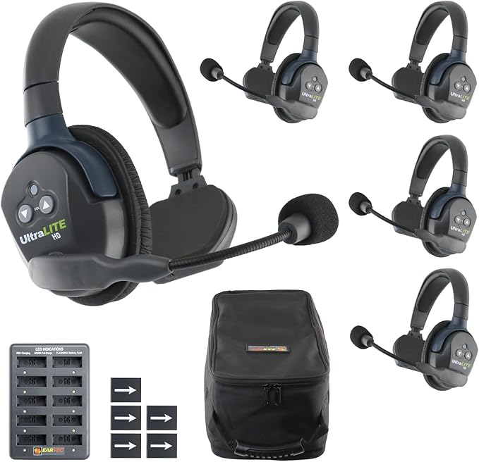Eartec UL5S Ultralite-HD 5-Person Full Duplex Wireless Intercom Headset Communication System, Single Ear Headsets, Up to 1000ft Range, U.S. Company