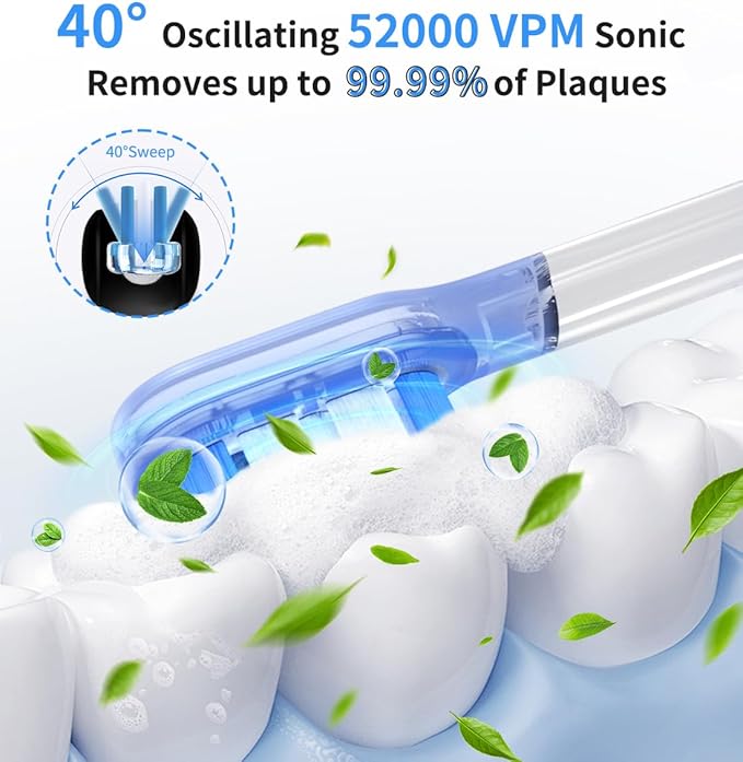 lunakind Sonic Toothbrush with Travel Case, Electric Toothbrush, AI Smart Display, 4 Modes with Missed Spot Detection, Pressure Sensor, 2 Mins Timer, 40° Oscillating 52000 VPM, 2 Brush Heads, IPX7