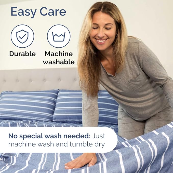 Split Head King Sheet Set – 4 Piece Flex Split Top King Sheets for Adjustable Beds - Fits 14” to 16" Mattress w/ Deep Pockets - Breathable & Cooling - Luxury Bedding and Wrinkle Free - Blue Stripes 2