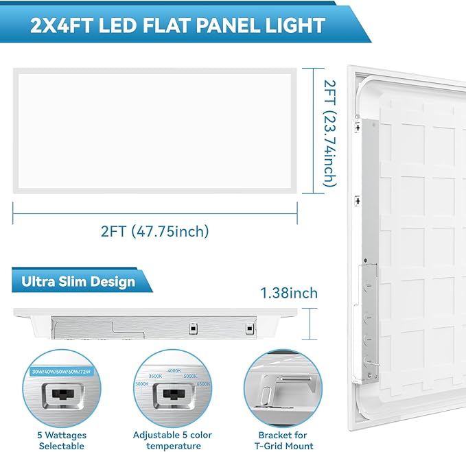 Msbfi 2x4 LED Flat Panel Lights Drop Ceiling Light Fixture 5000K 4000K 3000K Selectable 0-10v Dimmable, 30-40-50W 24x48 LED Light Fixture 100-277V for Office Ceiling Lighting Fixture ETL/DLC 24 Pack