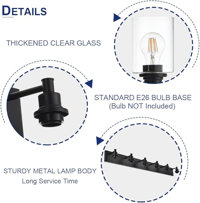 TODOLUZ 4-Lights Bathroom Vanity Light Fixtures, Black Modern Wall Lighting Over Mirror with Clear Glass Shade (E26 Bulb Base)