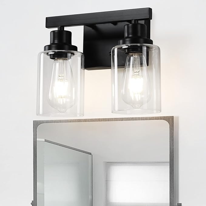 DIKAIDA Bathroom Vanity Light, 2-Light Modern Matte Wall Sconce Lighting with Clear Glass Shade, Wall Lights,Bath Vintage Wall Mounted Lamps for Mirror Bedroom Living Room