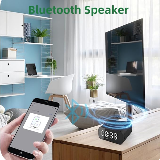 IHAO 7in1 Multifunctional Digital Alarm Clock with 15W Fast Wireless Charger Bluetooth Speaker LED Display Clock FM Radio TF Card, AUX Input, USB Port Dual Alarm for Bedroom and Office-BT510 White