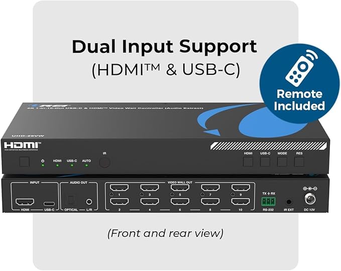 OREI 4K 3x3 Video Wall Controller – HDMI & USB-C Video Wall Processor, 1080p Output per Screen, Multi-Layout Display Modes, 180° Rotation, Bezel Control, RS-232, Audio Extraction