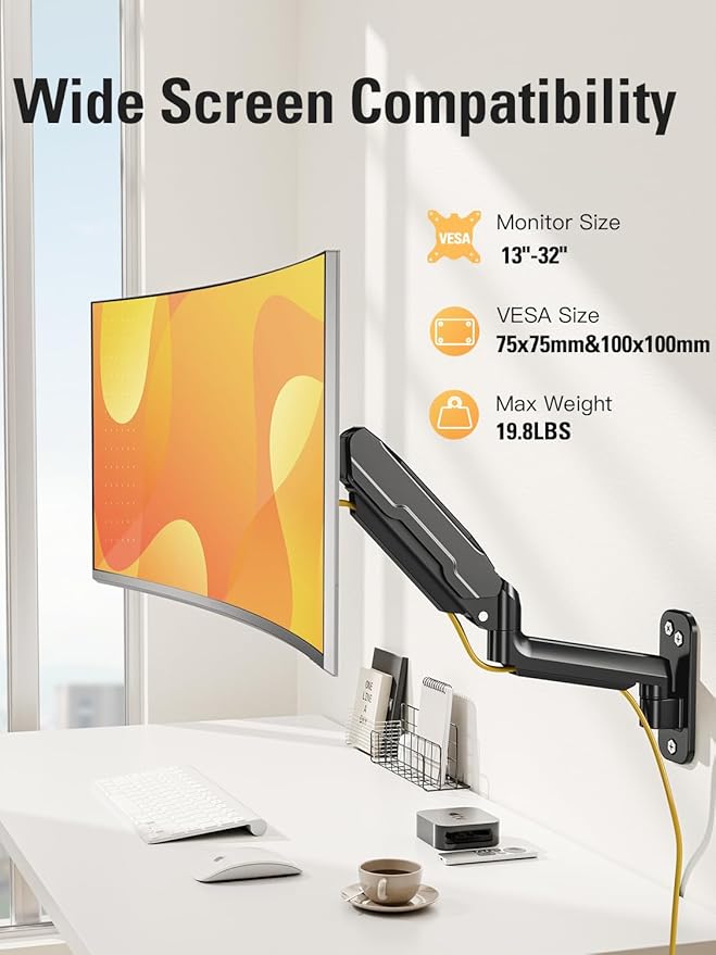 DreamAxis Single Monitor Wall Mount for 13-32" Computer Screens, Gas Spring Monitor Arm Holds Up to 19.8 lbs, Full Motion Height Adjustable Wall Bracket, 75x75/100x100mm VESA Mount, XD7001