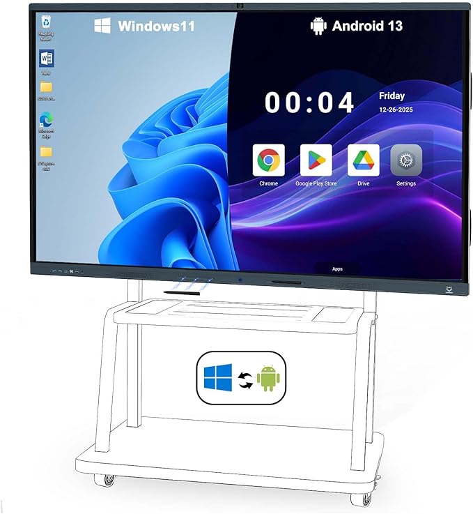LINGHUFOX Smart Board, 86” Digital whiteboard with Windows 11 Pro 13th i7 16+256G & Android 13, Built-in AI Camera and 8 Mics-4K Touchscreen Interactive Whiteboard for Classroom Office Home
