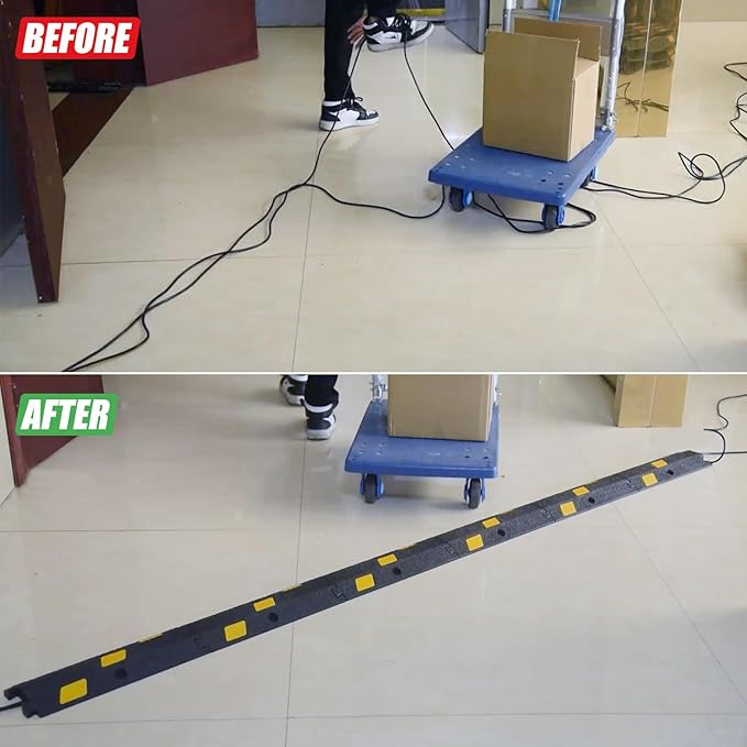 OranLite 6 Pack 1-Channel Rubber Cable Protector Ramp, 17" x 6" x 1.3" inch Interlocking Floor Wire Cord Cable Cover, Visible at Night, Durable Rubber Speed Bump Hump Ramp (1-Channel 6 Pack)