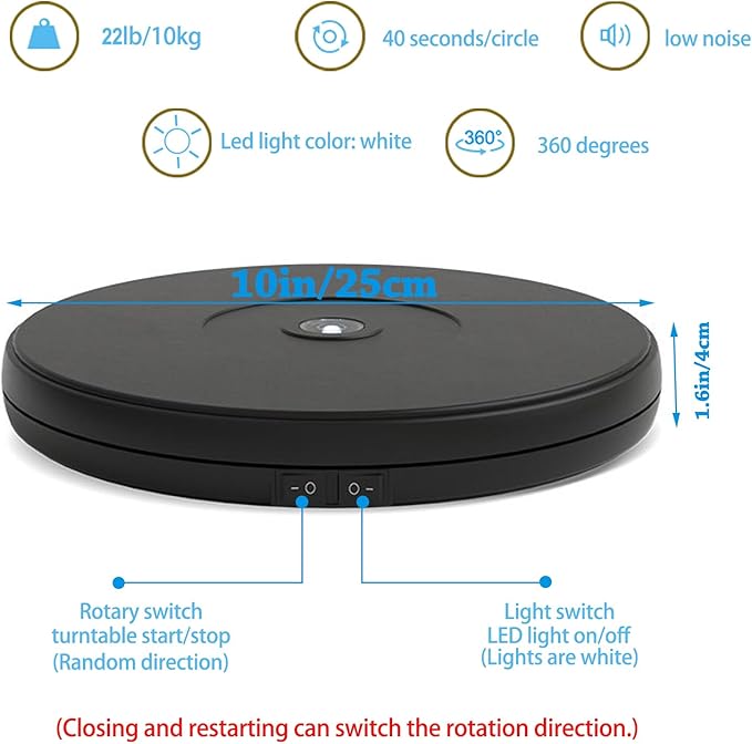 YVV 10'' LED Rotating Display Stand, 360° Motorized Turntable with Lights, 22lbs Capacity Electric Spinner Base for Product Photography, Jewelry, Exhibitions – USB Powered (Black)