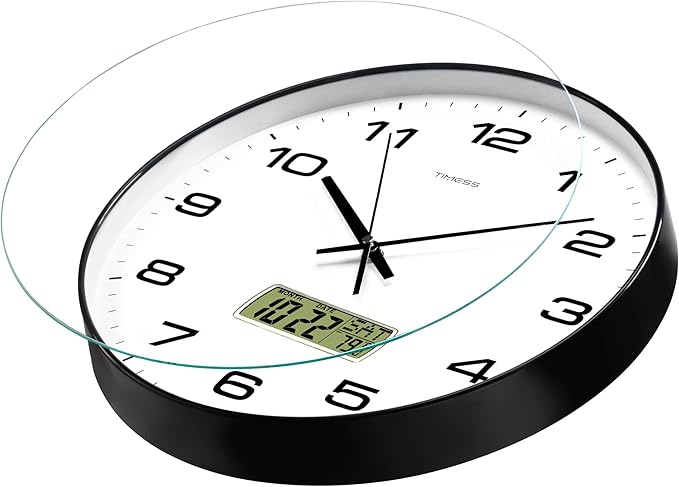 TIMESS Wall Clock, 14" Large Dial Non-Ticking Silent Battery Operated Analog with LCD Display for Perpetual Calendar and F° Temperature, Ideal Modern Home, Bedroom, Office Decor (Black)