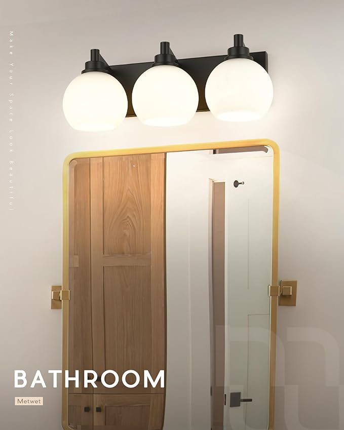 METWET Bathroom Light Fixtures, 3-Light Matte Black Vanity Light, Modern Wall Sconces with Milk White Globe Glass Shade, Vanity Lighting Fixtures Over Mirror, VL195-MB-ML-3