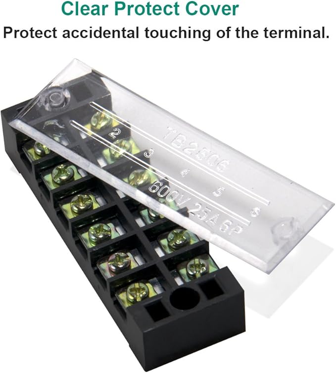 MILAPEAK 10pcs (5 Sets) 6 Positions Dual Row 600V 25A Screw Terminal Strip Blocks with Cover + 400V 25A 6 Positions Pre-Insulated Terminals Barrier Strip (Black & Red)
