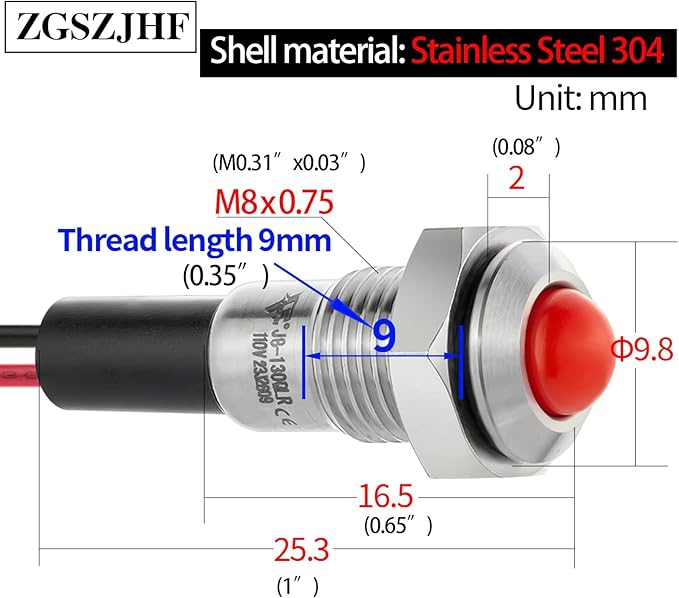 ZGSZJHF UL Listed Mini Indicator Light 8mm 0.31" Waterproof IP67 110V-120V Domed Sphere High Head Metal 304-Stainless Steel LED Lamp Pilot Light with 140mm Wire