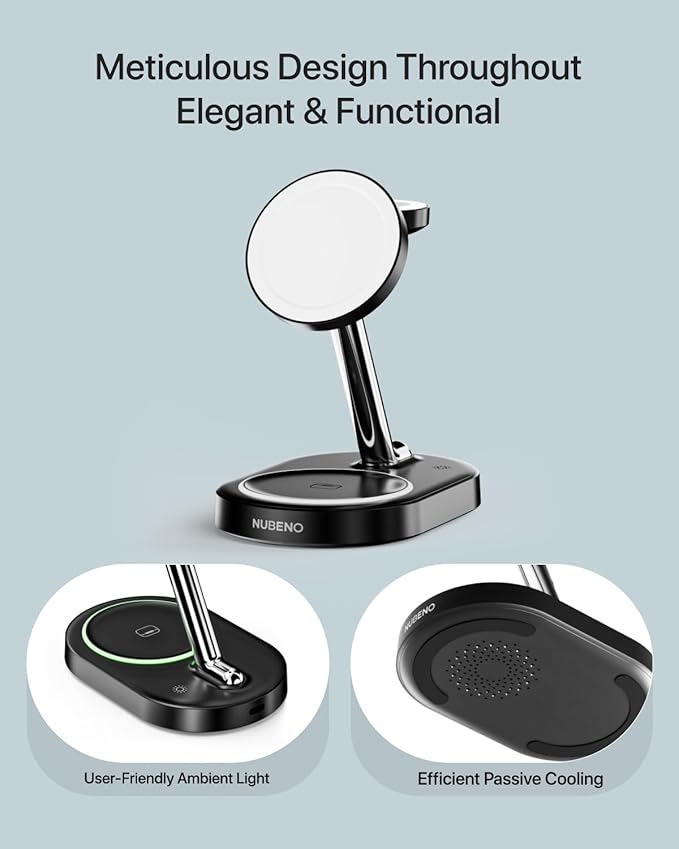 Nubeno Fast Charging Station for Magsafe Apple Devices, Wireless Charger Station for MagSafe iPhones, 3 in 1 Magnetic Charger Stand for iPhone 15/14/13/12, Apple Watch & AirPods(Blk)