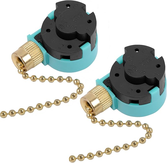 ZE-268S6 Ceiling Fan Switch, 3 Speed 4 Wire Pull Chain Switch Control Switch Compatible with Hunter Ceiling Fans, Wall Lamps (2 Pack, Brass)