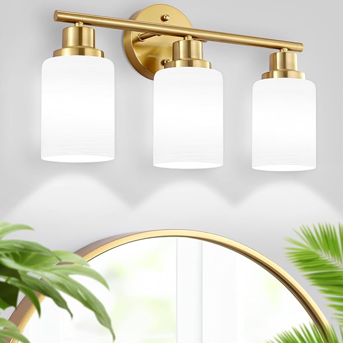 Guliaofo 3-Light Bathroom Light Fixtures, Vanity Lights for Mirror with Textured Milky White Glass Shade, Modern Kitchen Light Fixtures Wall Sconce Light - E26 Base - Brushed Gold
