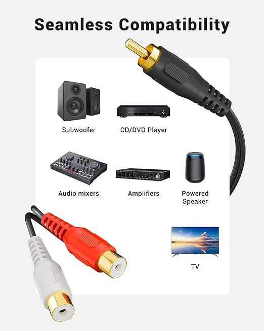 VCELINK RCA Splitter 1 Male to 2 Female Stereo Audio Cable, Gold Plated Dual RCA Female Adapter for Subwoofer, Car Radio, Amplifier, TV, Digital Audio, 2 Pack/0.66FT