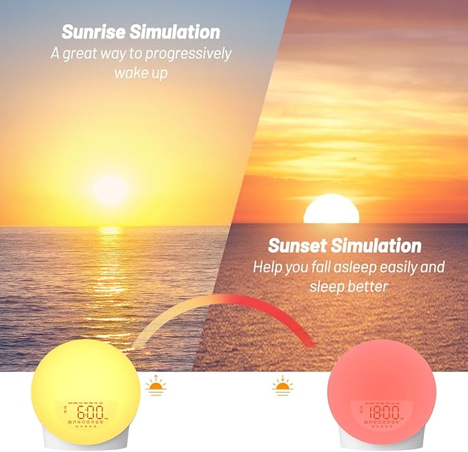 iEasy Wake up Light Sunrise Alarm Clock for Everyone, Sunrise Sunset Simulation, Sleep Aid, Dual Alarms, FM Radio, Snooze, Nightlight13 Colors 23 Sleep Sounds 28 Built-in Alarm Tone 32 Volumes Gift
