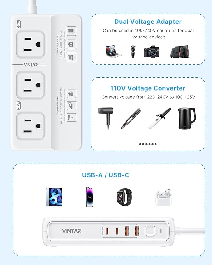 220V to 110V Voltage Converter, VINTAR 2000W Universal Travel Adapter Voltage Converter US to Europe, International Step Down Transformer Power Converters Adapter Combo for EU UK JP AU in SA