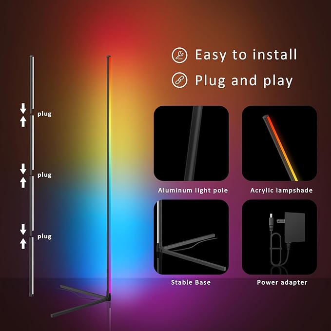 Tyute LED Corner Floor Lamp, 68+ Scenes, 16 Million Colors Corner Light with App & Remote Control, 65” Smart RGB Ambient Lighting with Music Sync, Mood Lighting for Bedroom, Living Room, Gaming Room