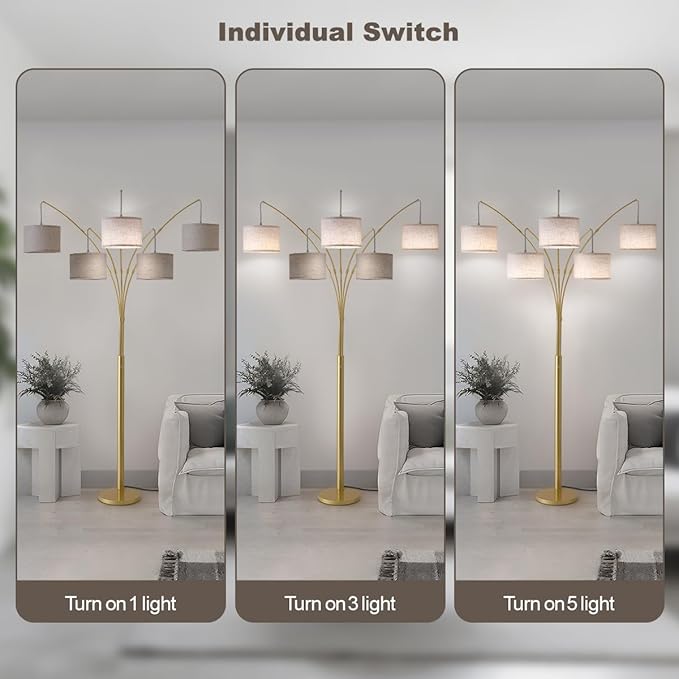 Fansdrick Gold Floor Lamps for Living Room, 4000LM Super Bright Arc Floor Lamp with Remote Control, Large Tall Floor Lamps with Stepless Dimmable, 80" Mid Century Tree Floor Lamp for Bedroom, Office