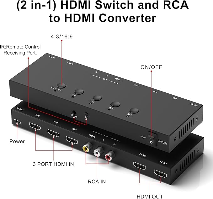 RuiPuo 4In to 2Out HDMI/AV Switch (1 AV Input+3 HDMI 2.0 Inputs) RCA to 2Port HDMI Converter for PS1/2/3/4/5, N64, SNES, Switch, DVD, Roku etc.