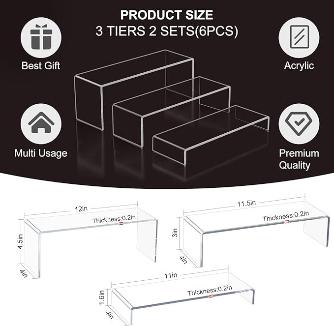 Blaithom Acrylic Display Riser Stand,6Pcs 12'' Length Tier Display Stands, Thickened to 0.2''(5mm) Acrylic Shelf Risers for Perfume Display,Risers for Buffet Table,Cupcake Stand,Pop Figurines,Tumbler,Food