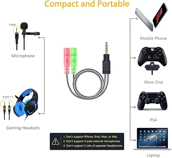 MillSO Headphone Mic Splitter [2 Pack] 3.5mm Headset Adapter 2 TRS Female to TRRS Male CTIA Stereo Audio Mic Jack Y Splitter for Dual-Plug Gaming Headset to Xbox, PS4, Phone, Laptop, PC