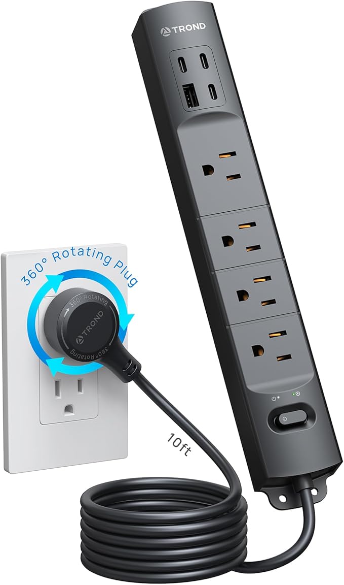 TROND 360° Rotating Plug Surge Protector, Power Strip with USB Ports, 3 USB C and 1 USB A, 1440 Joules, ETL Listed, 1625W, Wall Outlet Extender, 10ft Extension Cord for Home Office Dorm, Black