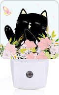 FSHVQKD Black Cat and Flowers Night Light,Plug Into Wall for Boys Girls Bedroom Decorative Square Night Light Lamp 0.5w Sleep Friendly