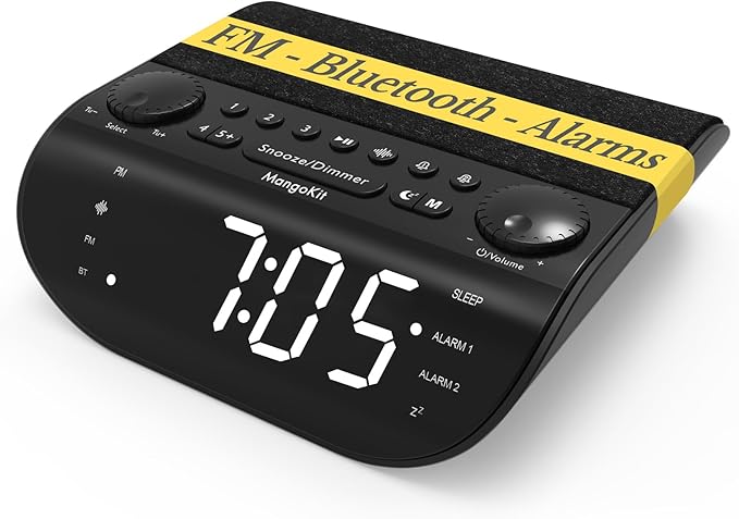 MangoKit FM Radio with Bluetooth 5.3, Dual Alarm Clock for Bedrooms, 90dB Loud Alarm for Heavy Sleepers, Snooze, 9 Natural Sounds, Stereo Speakers, Large Dimmable Display |20 FM Presets | Clear Screen