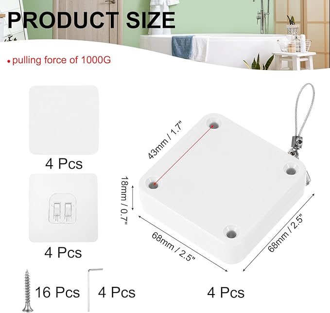 MECCANIXITY Punch-Free 1000g Automatic Sliding Screen Door Closer, Multifunctional Storm Sensor Door Closer with Steel Drawstring for Bedroom Storm Bathroom Study Room (White Pack of 4)