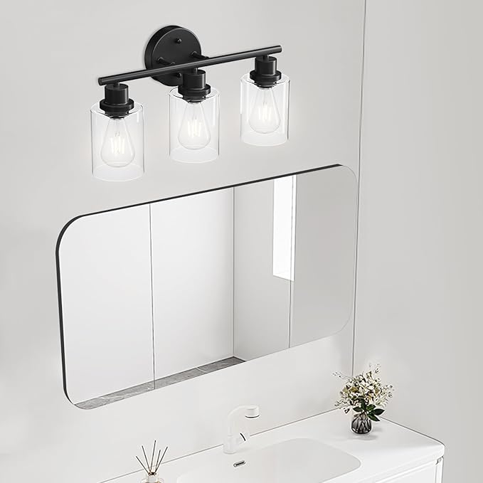 Guliaofo 3-Light Black Vanity Lights, E26 Modern Bathroom Light Fixtures with Clear Glass Shade, Wall Lamps for Mirror Kitchen Hallway Cabinet Living Room Sconces Lights
