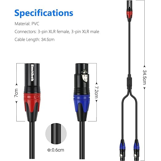 Smithok 2Pack XLR Y Splitter 1 Male to 2 Female Micrphone Cable, 3 Pin XLR 2 Female to 1 Male, Combiner Y Cord Balanced Mic Audio Cables for Stero Mic to L&R Audio Track(11.8 inches/0.3m)