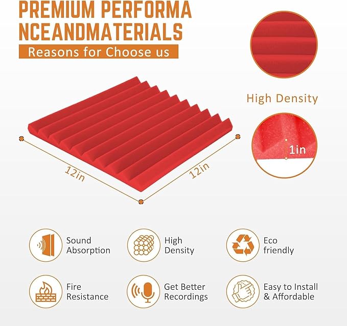 Saiqiang Acoustic Foam Panels 24 Pack 1 x 12x 12 Inches Soundproof Wall Panels Acoustic Foam Sound Panels Noise Reducing Soundproofing Dampening Red Acoustic Panels Fire Resistant