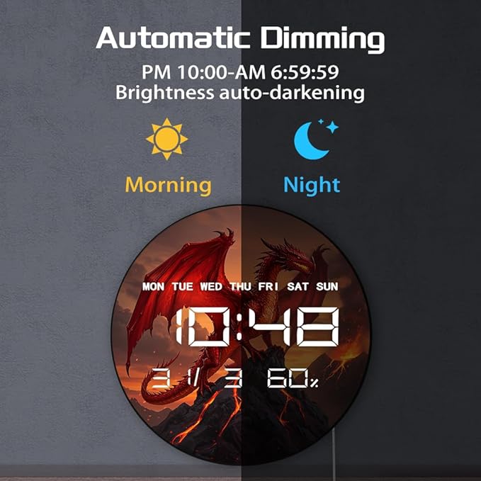 Timethink 12'' Red Fire Dragon Digital Wall Clock LED Display, Fantasy Medieval Gothic Decor Electric Wall Clock with Temperature, 12/24hr, Date, Auto-Brightness, USB Powered for Bedroom Living Room