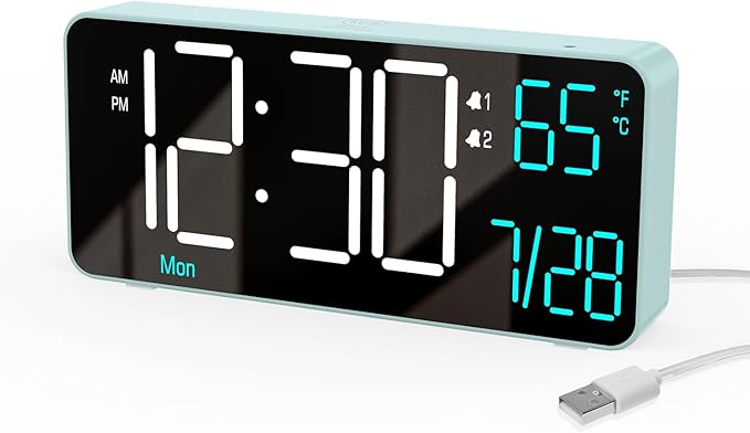 KOSUMOSU Digital Alarm Clock for Bedroom, 6.7in Desk Clock LED, Auto Dimming, Room Temperature, Day of The Week, Date, Seconds, Clocks for Living Room, Alarm Clocks for Bedrooms