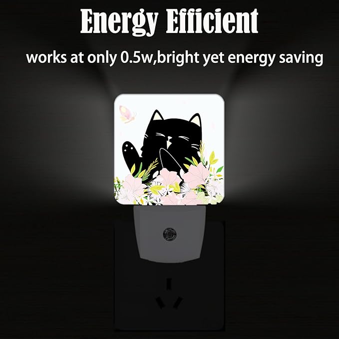 FSHVQKD Black Cat and Flowers Night Light,Plug Into Wall for Boys Girls Bedroom Decorative Square Night Light Lamp 0.5w Sleep Friendly