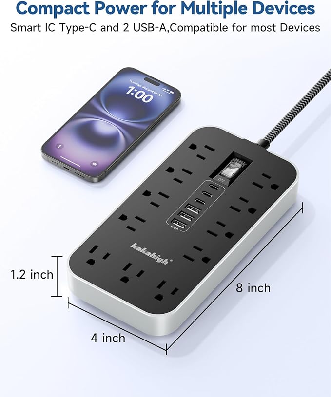 Extension Cord with USB Ports- 5 FT Power Strip with USB, 1625W Multi Outlet with 11 AC Outlet 6 USB (24W/4.8A), Charging Station for Multiple Devices, for Home, Office, Dorm, Gaming Room Essentials