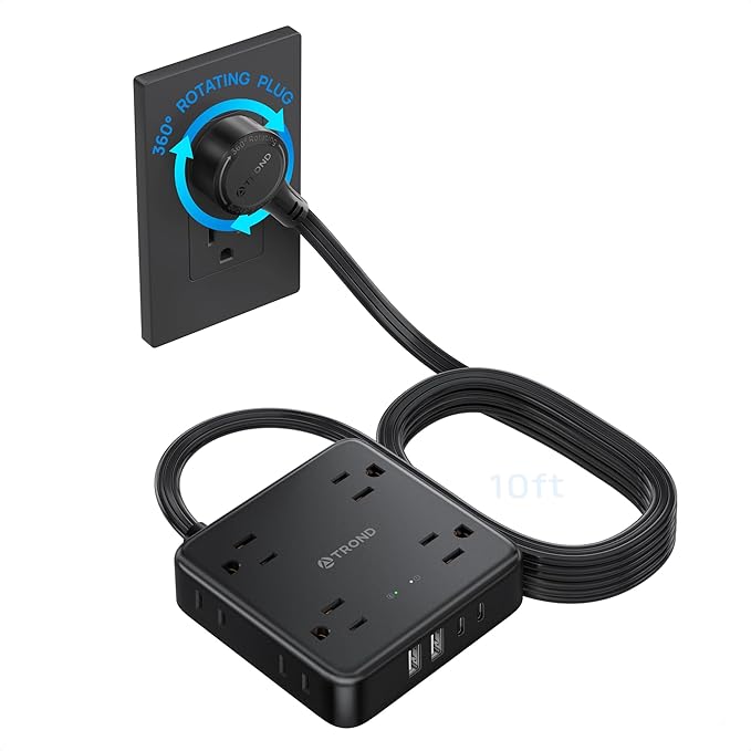 TROND 360° Rotating Flat Plug Power Strip, 10FT Flat Extension Cord with Multiple Outlets 4 USB (2 USB C), Wall Mount Surge Protector 1440 Joules for Home Office Travel Dorm Room Essentials, Black