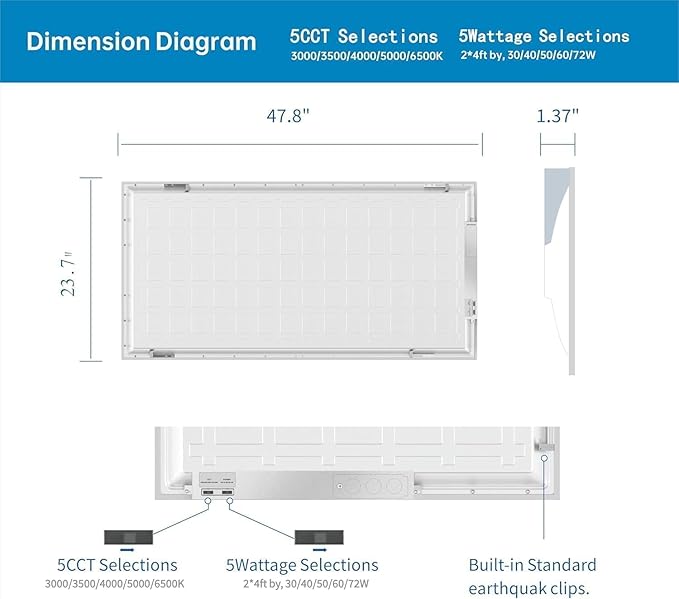 2x4 FT LED Light Flat Panel, 30-72W, 5 CCT 3K | 3.5k | 4K | 5K | 6.5K, Dimmable Recessed Drop Ceiling Lights, 3750/5000/6250/7500/9000 Lumen, Lay in Fixture for Commercial 120-277V, ETL DLC(6 Pack)