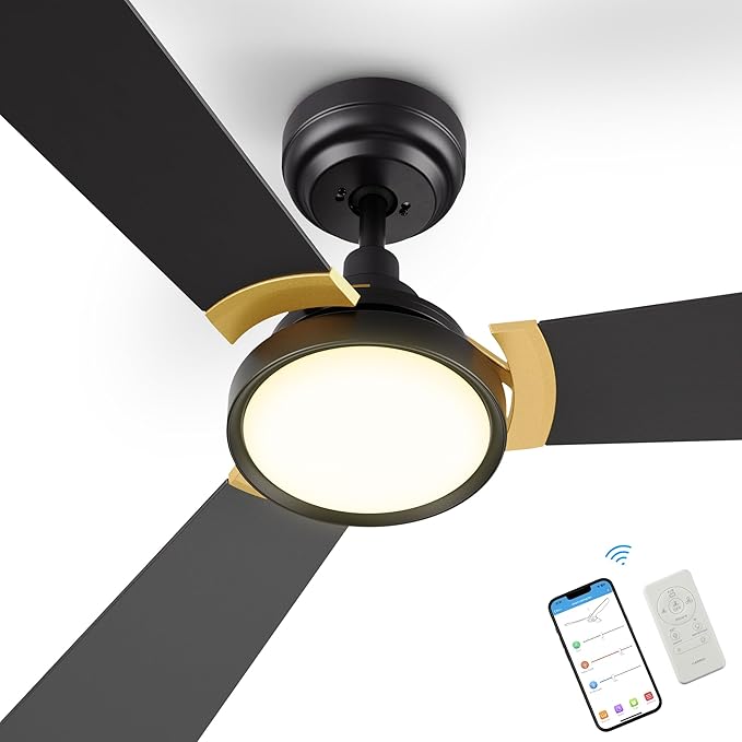 SMAAIR 56 Inch Smart Wifi Ceiling Fans with Dimmable LED Lights and Remote, Compatible with Alexa/Google Home/Siri/APP, Outdoor DC Fans with 10 Speeds, Timer/Schedule,Black/Gold